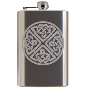 Ireland Traditional - Irish Circular Celtic Knot  - Etched 8 Ounce Stainless Steel Flask