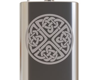 Ireland Traditional - Irish Circular Celtic Knot  - Etched 8 Ounce Stainless Steel Flask