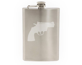 Pistol Silhouette #5 - Revolver Enthusiast Gun Rights Art- Etched 8 Oz Stainless Steel Flask