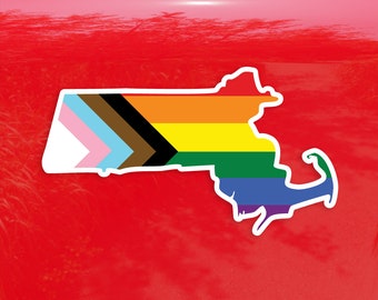 Massachusetts State Shape Progress Pride Flag LGBTQ POC Transgender Flag - Vibrant Color Vinyl Decal Sticker