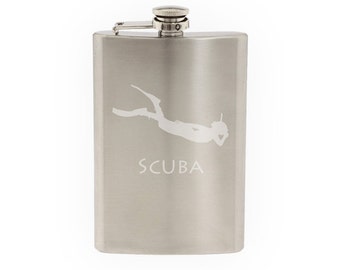 Sport Silhouette - Scuba Diver Snorkel- Etched 8 Oz Stainless Steel Flask