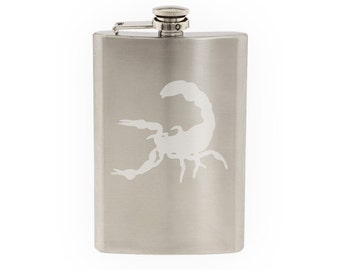 Insect Arachnid- Scorpion Venom Sting #12 - Scorpio logo- Etched 8 Oz Stainless Steel Flask