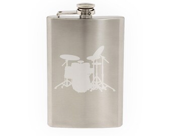 Drum Set Silhouette- Etched 8 Oz Stainless Steel Flask