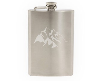 Landscape Decor - Mountain Range Silhouette Shadow Version 2 - Etched 8 Oz Stainless Steel Flask