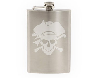 Pirate Captain Skull with Hat Jolly Roger Crossbones- Etched 8 Oz Stainless Steel Flask