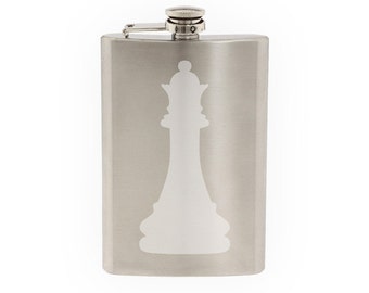 Chess Icon Champion - Queen Piece Silhouette Shadow - Etched 8 Oz Stainless Steel Flask