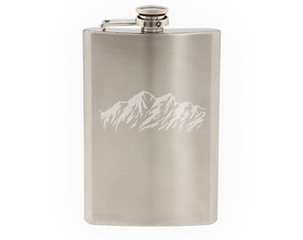 Landscape Decor - Mountain Range Silhouette Shadow Version 1 - Etched 8 Oz Stainless Steel Flask