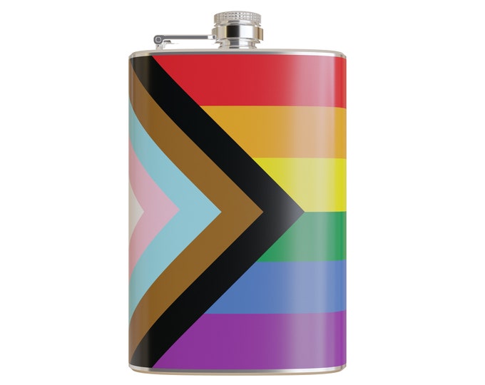 Progress Pride Flag LGBTQ POC Transgender Flag LGBTQ+ Printed Vinyl Wrapped 8 Ounce Stainless Steel Flask