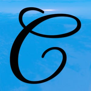 May include: A black, stylized letter "C" in a cursive font against a light blue background. The letter has a flowing, elegant design with rounded curves and a bold appearance. The background has a gradient effect.