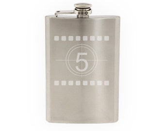 Cinema Home Theater Part 1 - Vintage Film Countdown Number - Etched 8 Oz Stainless Steel Flask