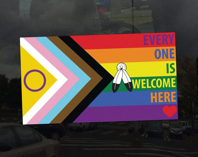 Two Spirit Everyone is Welcome Progress Pride Flag LGBTQIA+ POC - Vibrant Color Static Cling Window Cling - Use Indoor and Outdoor!