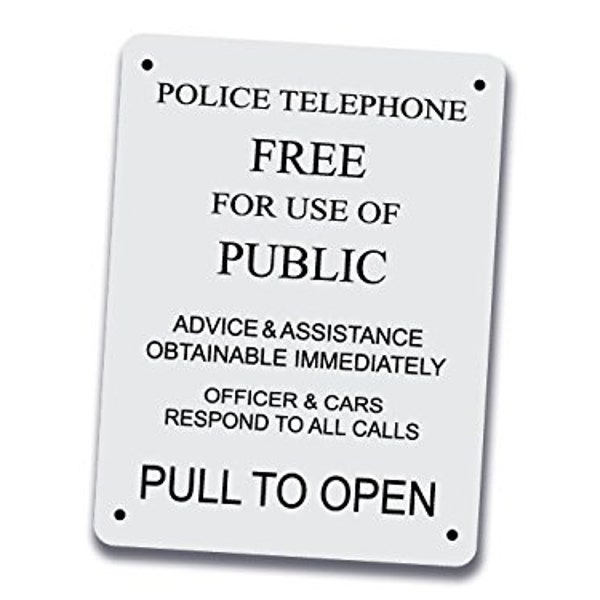 Police Telephone Box Sign - 12 inch by 9 inch Aluminum Police Public Call Box Telephone Door Sign
