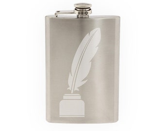 Feather #3 - Calligraphy Ink Writing Quill Scribe - Etched 8 Oz Stainless Steel Flask