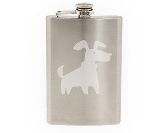 Dog #2 - Doggy Pet Veterinary Care Cartoon Puppy - Etched 8 Oz Stainless Steel Flask