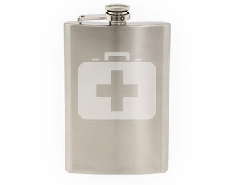 Medical #6- First Aid Box Symbol Emergency Service Care- Etched 8 Oz Stainless Steel Flask