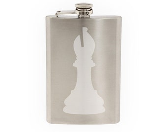 Chess Icon Champion - Bishop Piece Silhouette Shadow - Etched 8 Oz Stainless Steel Flask