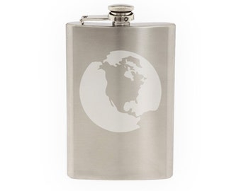 Space Icon - Planet Earth Cartoon Extraterrestrial - Etched 8 Oz Stainless Steel Flask
