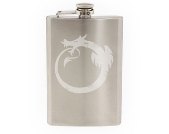 Ouroboros Uroboros - Dragon eating tail Cycle Ancient- Etched 8 Oz Stainless Steel Flask