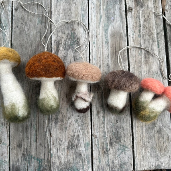 Needle felted mushroom ornaments