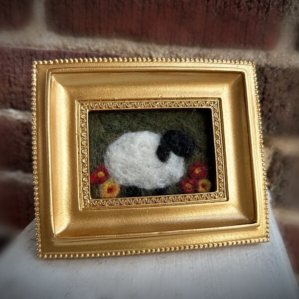 Needle felted sheep picture in gold frame