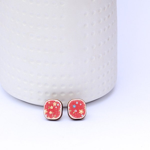 Vintage style earrings, red floral earrings, wood stud earrings, surgical steel, post earrings, floral earrings, red studs, gift for her,