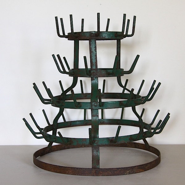 French Vintage Bottle Drying Rack Loft Decor Original Green Paint Industrial