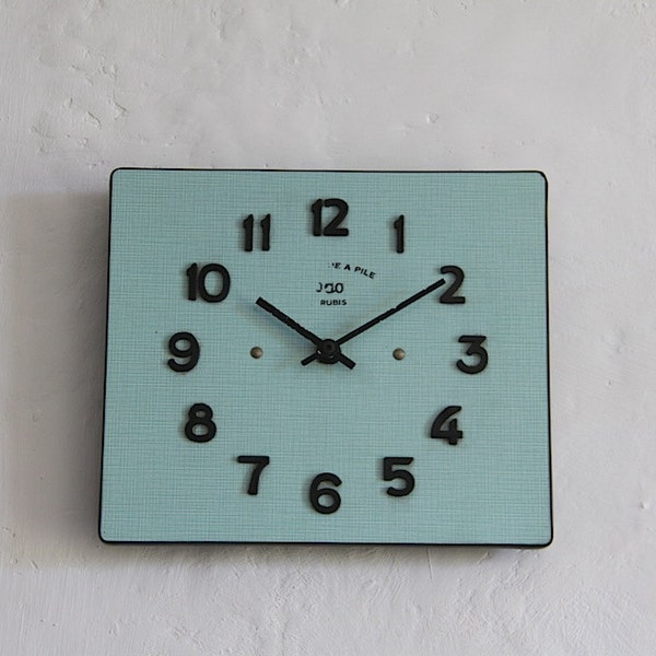 Vintage French Wall Clock Mint Green Formica Mid Century Retro