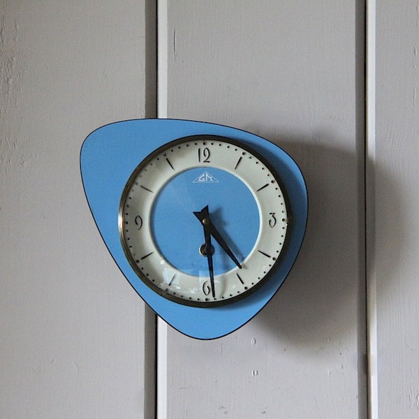 Vintage French Wall Clock Mechanical Mechanism Blue Formica