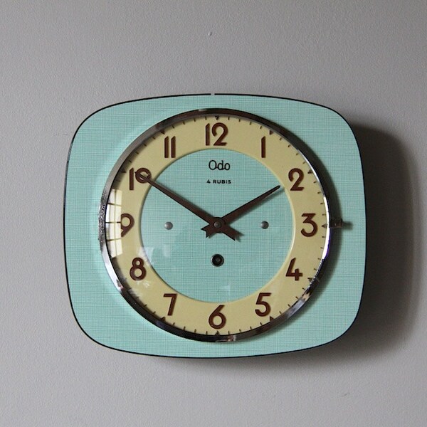 Vintage French Wall Clock Mint Green Formica Mid Century Retro