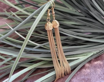 Goldtone Metal Cap Tassel Chains Flapper Vintage Style Earrings Dangle 1920's Art Deco Rhinestone 1920s Gatsby Bridal 20s