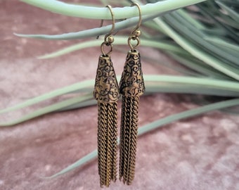 Burnished Gold Etched Cone Cap Tassel Chains Flapper Vintage Style Earrings Dangle 1920's Art Deco Rhinestone 1920s Gatsby Bridal 20s