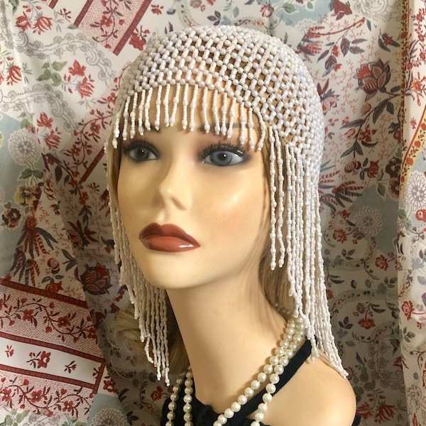 1920s style FULLY Beaded White Ivory Iridescent FLAPPER Head cap Bride headpiece Gatsby 20s Wedding Art Deco Bead Tassel Headwear Wig