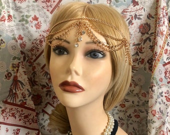 Flapper 1920s Gold Rhinestone Trim Drops Gatsby Headchain Grecian 1920s head chain headpiece piece 20s headband band Crystal Goddess 950
