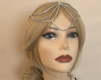 1920s Silvertone Full Rhinestone Drape Headchain Flapper Gatsby 1920's stye art deco goddess head chain band headband 20s headpiece (945)