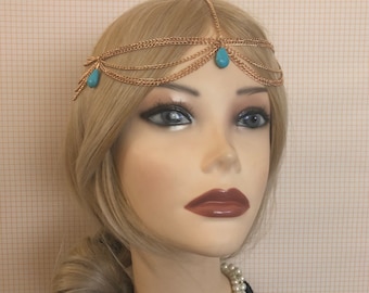 1920's BLUE-Green Turquoise Flapper Headpiece Southwest Head Chain Rhinestone Gatsby Costume Gold Adjustable 20's Art Deco Goddess (947)