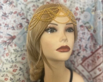 1920s Goldtone Headchain Flapper Gatsby 1920's stye art deco goddess head chain band headband 20s headpiece piece 20's jazz gold (928)