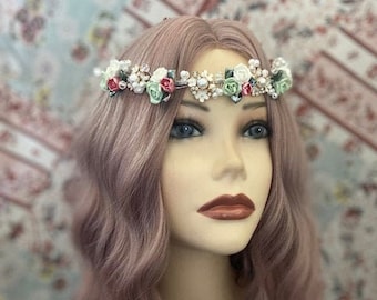 Floral GARDEN PARTY Flower Beaded Pearl Vintage Style Bead & Wire Headpiece Headband Princess Jewelry Tiara Boho Hippie Festival (981)