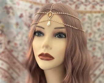 Flapper 1920's Boho GOLD Brown Copper Art Deco Rhinestone Drop Headchain 20s Head Chain Headband Headpiece Gatsby Goddess Grecian (989)