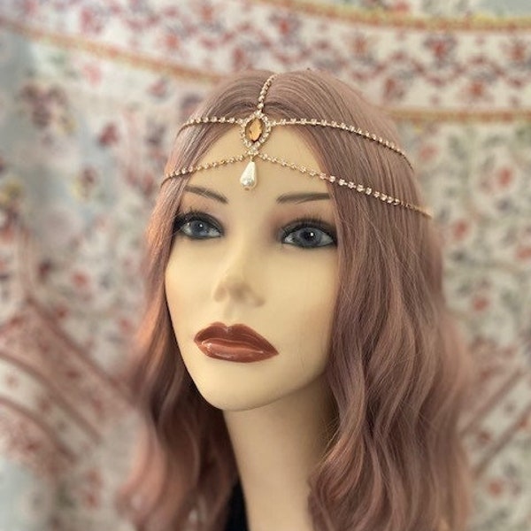 Flapper 1920's Boho GOLD Brown Copper Art Deco Rhinestone Drop Headchain 20s Head Chain Headband Headpiece Gatsby Goddess Grecian (989)