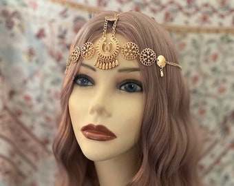 Flapper 1920's Boho Tribal GOLD Flapper Art Deco Feather Drop Headchain 20s Head Chain Headband Headpiece Gatsby Goddess Grecian (987)