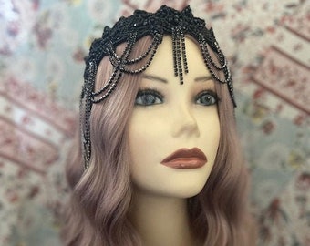 BLACK BEADED APPLIQUÉ Rhinestone Adorned Medieval Cosplay 20s Gatsby Art Deco Headwear Headdress Bridal Goddess (985)