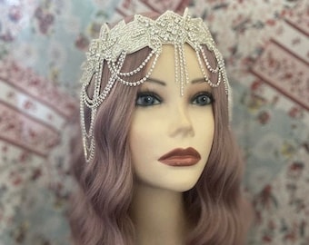 SILVER BEADED WHITE Appliqué Rhinestone Adorned Bridal Wedding Cosplay 20s Gatsby Art Deco Headwear Headdress Bridal Goddess (986)