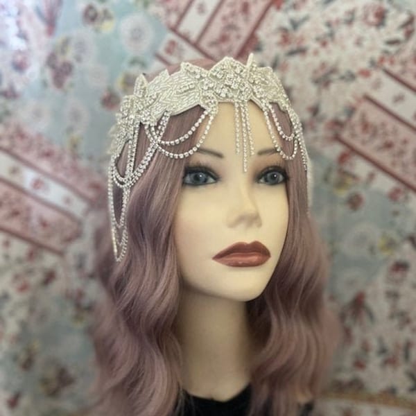 SILVER BEADED WHITE Appliqué Rhinestone Adorned Bridal Wedding Cosplay 20s Gatsby Art Deco Headwear Headdress Bridal Goddess (986)