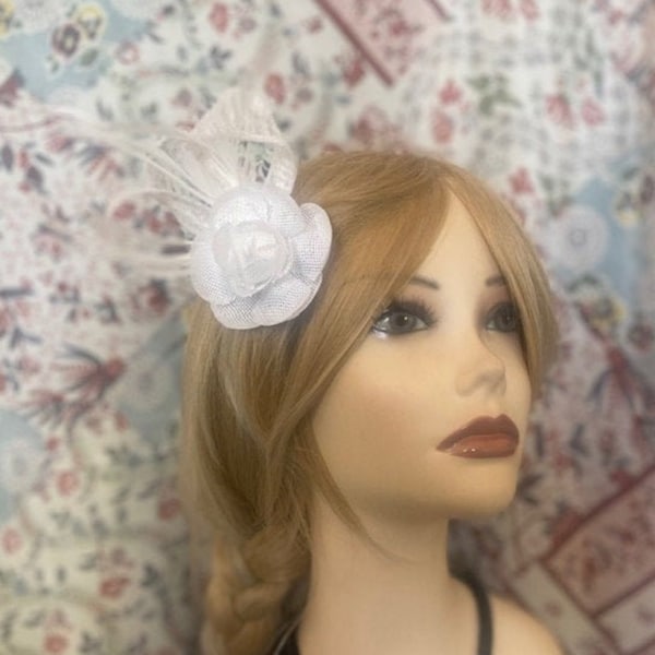 White & Ivory Flower and Feather Hair Clip Pin Brooch Pin Up Vintage Style Piece Head Derby Hat Accent Fascinator (977)