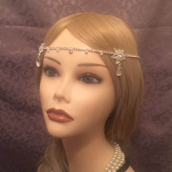 20's Silver Crystal Rhinestone Drop Boho Indian Princess Gatsby Headchain 1920s head chain Gypsy Belly Dancer headpiece 20s headband (901)