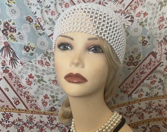 1920s style FULLY Beaded White Ivory Iridescent FLAPPER Skull Head cap Bride headpiece Gatsby 20s Wedding Art Deco Bead Headwear Wig