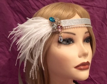 1920s crystal multi color blue pink gatsby flapper headband beaded white ostrich feather 20's art deco 1920's Rhinestone headpiece (672)