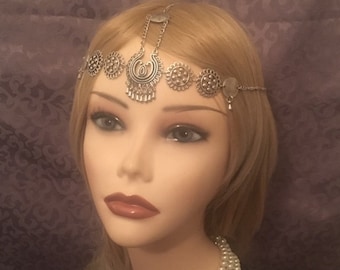 Flapper 1920's Boho Tribal Pewter Flapper Art Deco Feather Drop Headchain 20s Head Chain Headband Headpiece Gatsby Goddess Grecian (911)