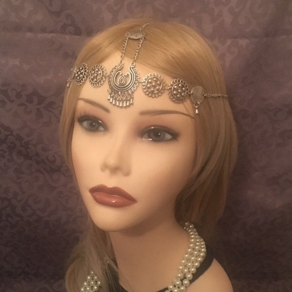 Flapper 1920's Boho Tribal Pewter Flapper Art Deco Feather Drop Headchain 20s Head Chain Headband Headpiece Gatsby Goddess Grecian (911)