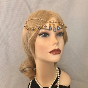 1920&#39;s BLUE & Yellow Flapper Headpiece Antique Gold Head Chain Rhinestone Gatsby Costume Tassel Adjustable 20&#39;s Vintage Headband (942)